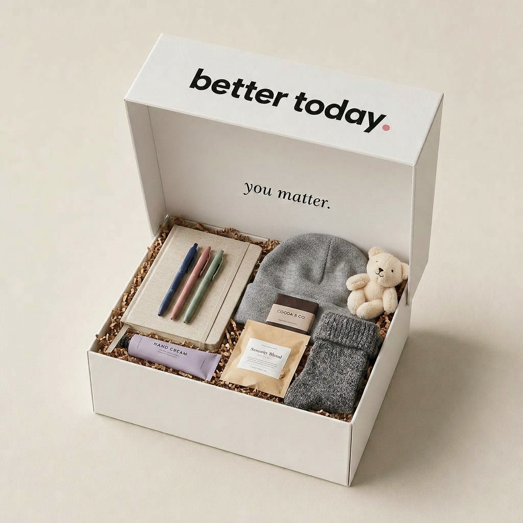 An open white better today. box with the words 'you matter.' printed inside the lid